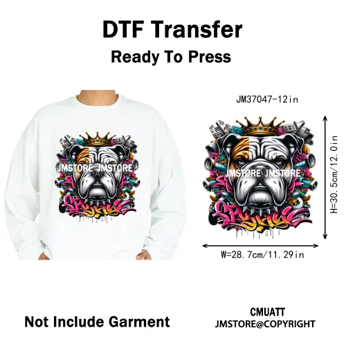 12in Streetwear Vibes Rich Cool Cartoon Bulldog King Designs Washable Iron on DTF Transfers Stickers Ready to Press for Clothes