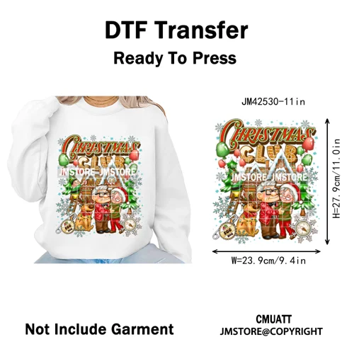 Cartoon Christmas Club Snow Winter Vibes Holly Jolly Santa Iron on DTF Washable Transfers Stickers Ready to Press for Clothing
