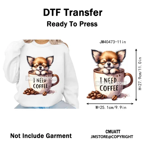 Funny Cartoon Pet Puppy Small Sleeping Cozy Coffee Dogs Lover Iron on DTF Washable Transfers Sticker Ready to Press for Clothing