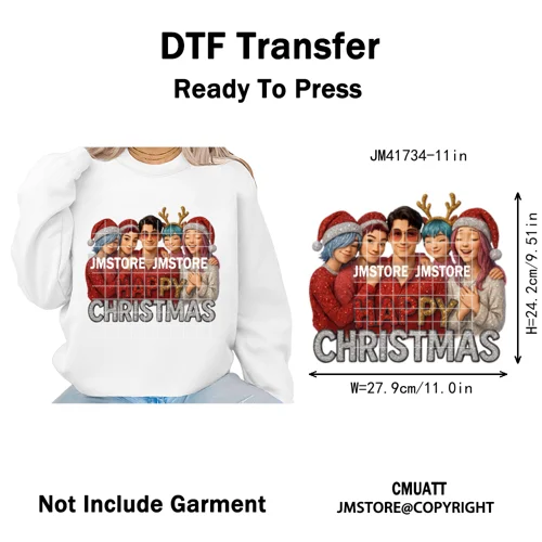 Cute Santa Kpop Inspired Movie Character Merry Christmas Holly Iron on DTF Washable Transfer Stickers Ready to Press for Textile