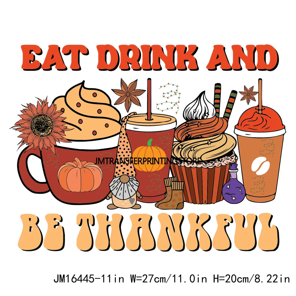 Eat Drink And Be Thankful Hallothanksmas Decals Santa Gnome Coffee Cup Animal Pumpkin Iron On DTF Transfer Sticker For Clothing