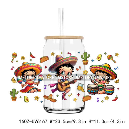 Cartoon Princess Cinco De Mayo Mexican UV DTF Sticker For 16OZ Libbey Glass Cup Can Wrap Transfer Stickers Custom Label DIY Logo