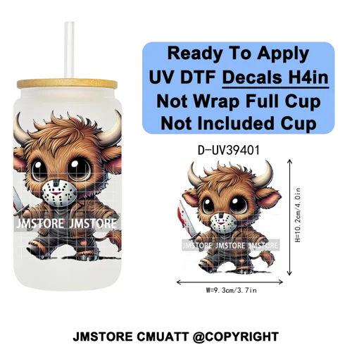 Highland Cow Horror Character Coquette Pumpkin UV DTF Decals Ready To Apply Durable Transfer Stickers For 16OZ Libbey Glass Can