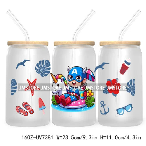 Hero Cartoon Summer Vacation 16OZ UV DTF Cup Wrap Transfers Stickers Custom Labels Durable Waterproof Logo For Libbey Glass Can