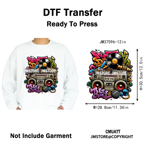 12in Old School Rap Hip Hop Music King Gaming Urban Vibes Graffiti Iron on DTF Heat Transfer Stickers Ready to Press for T-shirt