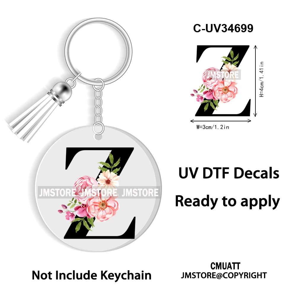 Floral Whole Entire Alphabet Flowers Black Letters Monogram WaterProof UV DTF Stickers For Round Circle Acrylic Keychain Keyring