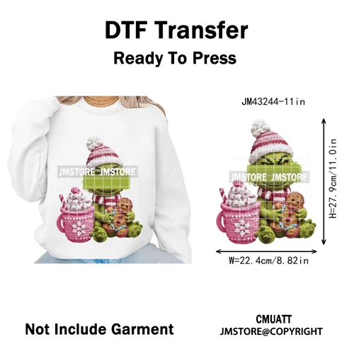 Hot Cocoa Coffee Lover Cartoon Faux Yarn Christmas Xmas Iron on Washable DTF Transfers Stickers Ready to Press for Sweatshirts