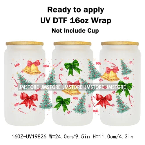 Coquette Christmas Tress Jingle Bells UV DTF Transfer Sticker Cup Tumbler Wrap DIY Labels For 16OZ Libbey Glass Bottle Mug Wraps