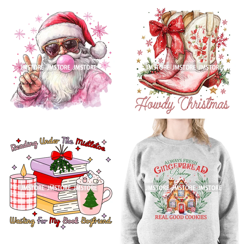 Merry And Bright Howdy Christmas Floral Santa Coquette Bow Tree Book Love Iron On DTF Heat Press Transfer Stickers For Clothes