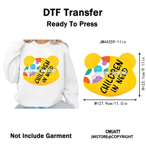 Cute Cartoon Bear Children in Need Charity Raising Kids Iron on Washable DTF Heat Transfers Stickers Ready to Press for Textiles