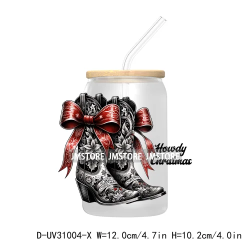 Howdy Christmas Boots Cowboy Cowgirl Western Country Xmas UV DTF Transfer Stickers Decals For Libbey Cold Cups Mugs Tumbler Bow