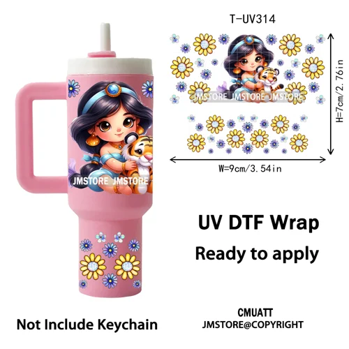 Watercolor Little Girl Cartoon Princess Flowers UV DTF Wraps Ready To Use Transfer Stickers Waterproof For Mini Tumbler Keychain