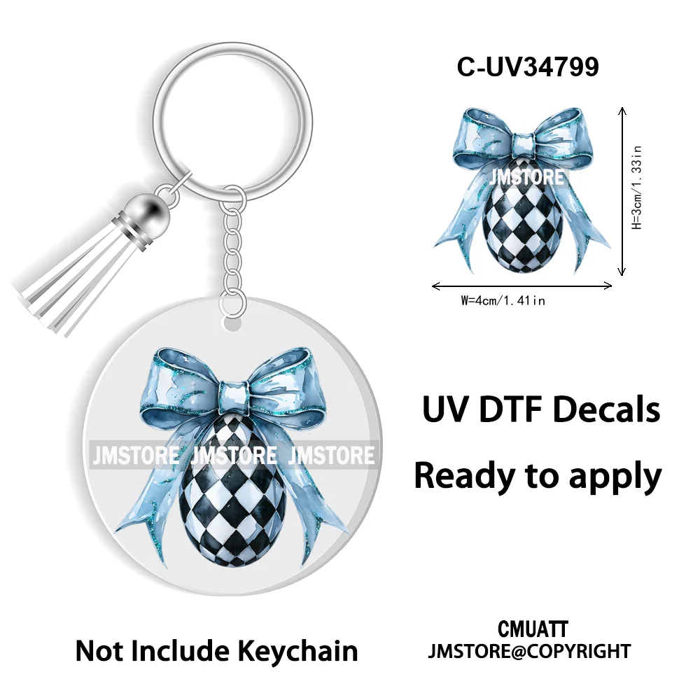 Faux Sequin Glitter Happy Easter Bow Retro Easter Bunny Blowing Bubble UV DTF Stickers for Round Circle Acrylic Keychain Keyring