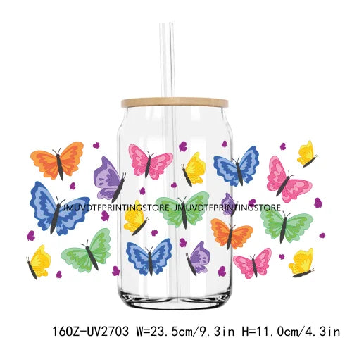 Watercolor Butterflies And Flowers UV DTF Sticker For 16OZ Libbey Glass Cup Can Wrap Transfer Sticker Custom Labels DIY Logo