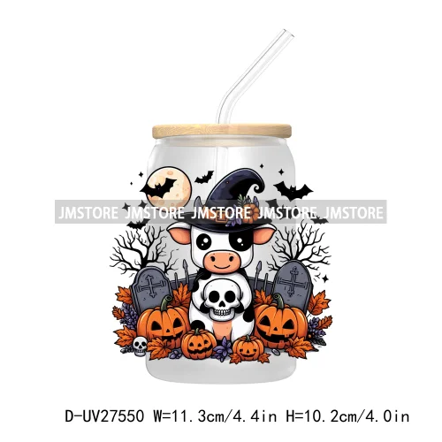 Cartoon Halloween Highland Cow UV DTF Transfer Stickers Decals For Libbey Cold Cups Mug Tumbler High Quality Labels Spooky Skull