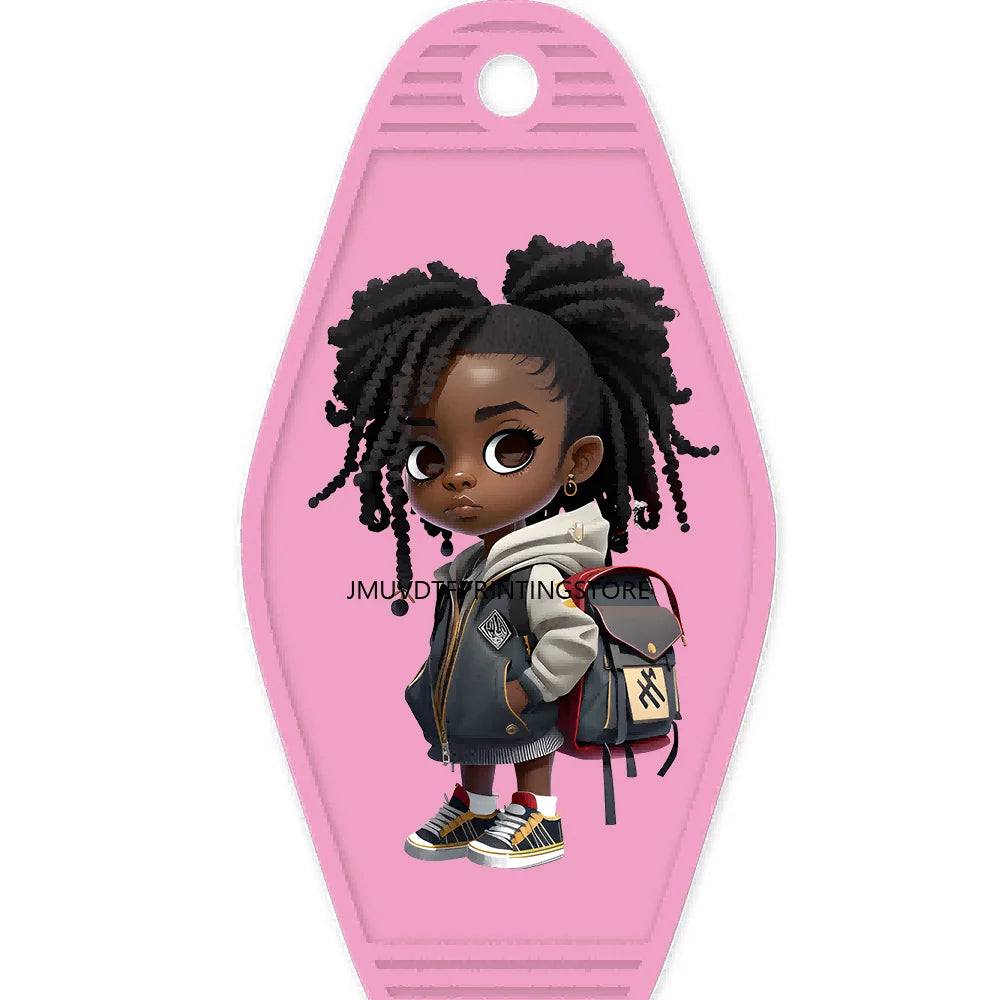 School Melanin Black Girls With Luggage High Quality WaterProof UV DTF Sticker For Motel Hotel Keychain Afro Children