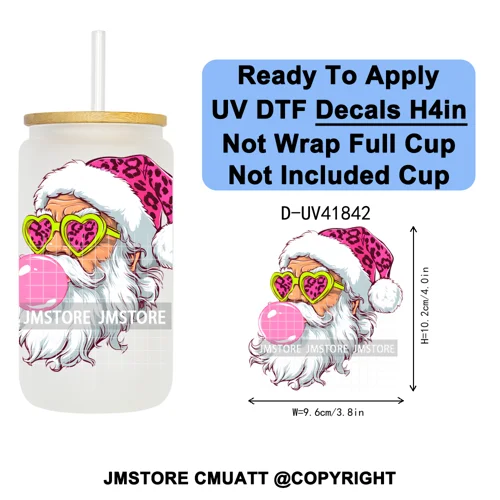 Retro Santa Claus Blowing Bubble Christmas UV DTF Decals Ready To Apply Waterproof Transfer Stickers For 16OZ Libbey Glass Can