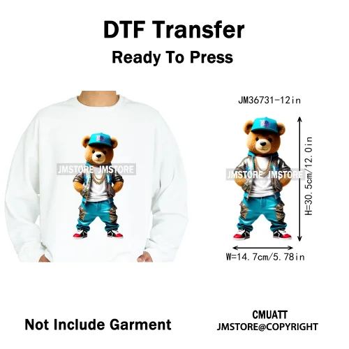 12in Cool Retro Urban Streetwear Graffiti Hip Hop Teddy Bear Iron On DTF Washable Transfers Stickers Ready to Press For Clothing