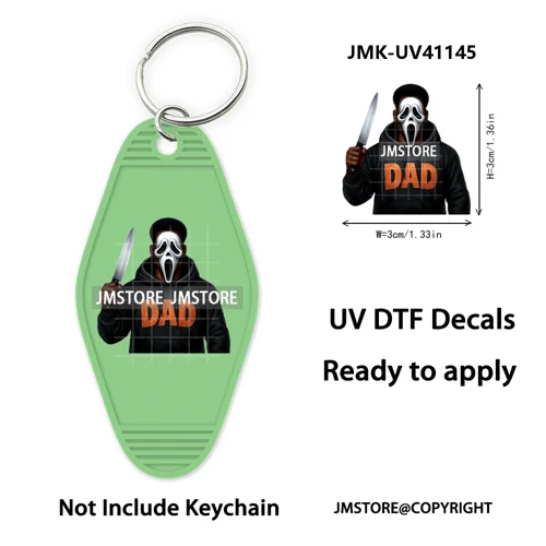 Black Dad Halloween Horror Villain UV DTF Motel Keychain Decal Ready To Ship Durable Transfer Stickers Prints For Hotel Keychain