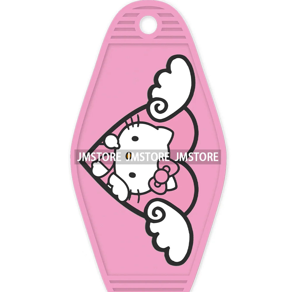 Cute Cartoon Pink Hello Cat With Bow Flower High Quality WaterProof UV DTF Sticker For Motel Hotel Keychain Labels DIY Logo