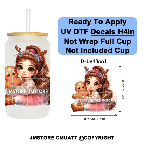 Floral Christmas Latina Chibi Girl UV DTF Transfer Stickers Decals Ready To Apply Good Quality Prints For Libbey Cold Cup Mugs