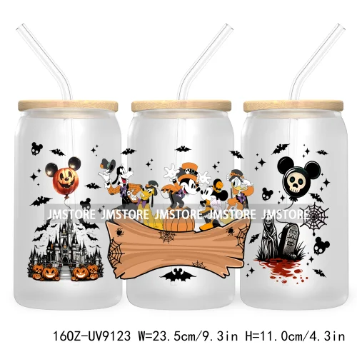 Mouse And Friends Halloween 16OZ UV DTF Cup Wrap Transfer Stickers Custom Labels Waterproof For Libbey Glass Can Magical Kingdom