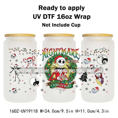 Skeleton Nightmare Before Christmas UV DTF Transfer Sticker Cup Tumbler Wrap For 16OZ Libbey Glass Wraps Bottle Mug DIY Labels