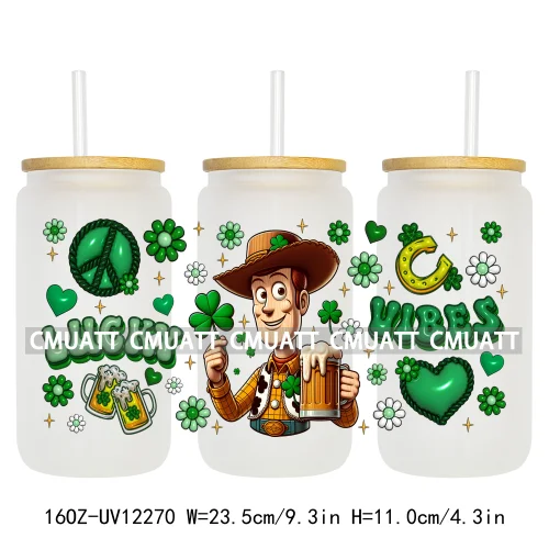 Happy St Patricks Cartoon Princess Characters Feeling Lucky Four Leaf Clover 16OZ UV DTF Cup Wrap Sticker For Libbey Glass Can