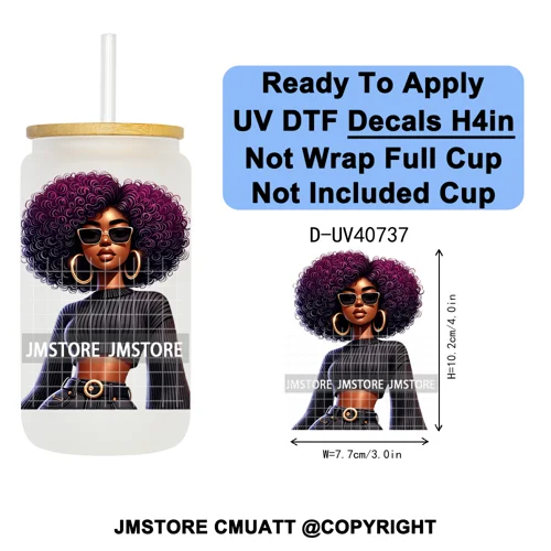 Big Hair Fashionable Black Girl UV DTF Decals Ready To Apply Waterproof Transfer Stickers DIY Crafts For 16OZ Libbey Glass Can