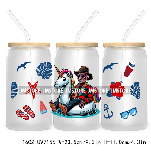 Horror's Summer Vacation 16OZ UV DTF Cup Wrap Transfers Stickers For Libbey Glass Can Cups Tumbler Waterproof Craft Cartoon Girl