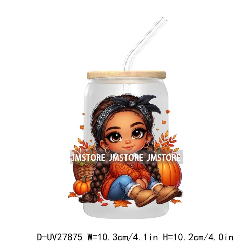 Latina Chibi Autumn Baby Little Girl UV DTF Transfer Stickers Decals For Libbey Cold Cups Mugs Tumbler Fall Vibes Pumpkin Season