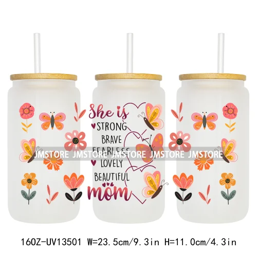 Floral Mama Butterfly Flower Mom Life 16OZ UV Cup Wrap Custom Transfer Stickers Waterproof For Libbey Glass Can Cup Tumbler Mug