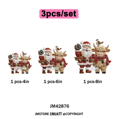 Faux Latch Hook Yarn Crochet Christmas Highland Cow Santa Iron on DTF Washable Transfer Stickers Ready to Press for Garment Bags