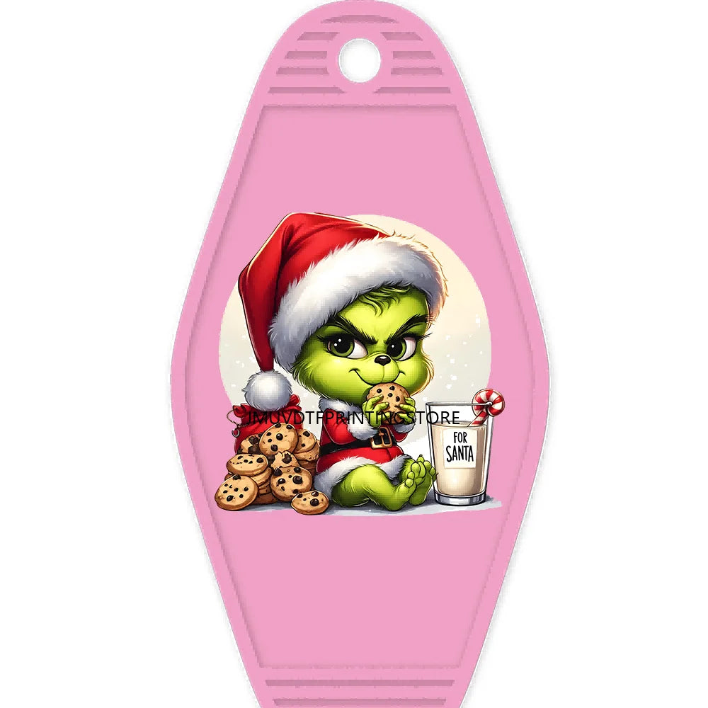 Christmas Cute Baby Green Guy With Santa Hat Gifts High Quality WaterProof UV DTF Sticker For Motel Hotel Keychain