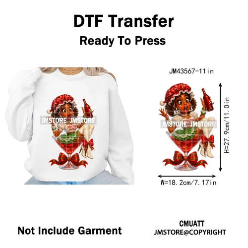 Wine Christmas Black Girls Santa Cheer Winter Holiday Party Iron on Washable DTF Transfers Stickers Ready to Press for Textiles