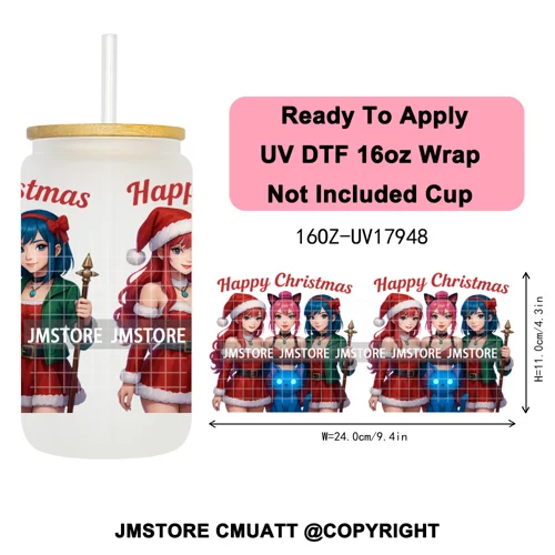 Kpop Demon Inspired Movie Christmas Santa Hat 16OZ UV DTF Cup Wrap Ready To Apply Durable Transfer Stickers For Libbey Glass Can