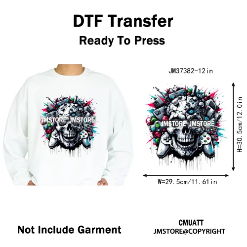 12in Hip Hop Graffiti Urban Skull Gaming Controller Game Lovers Iron on DTF Transfers Stickers Ready to Press for Hoodies Bags