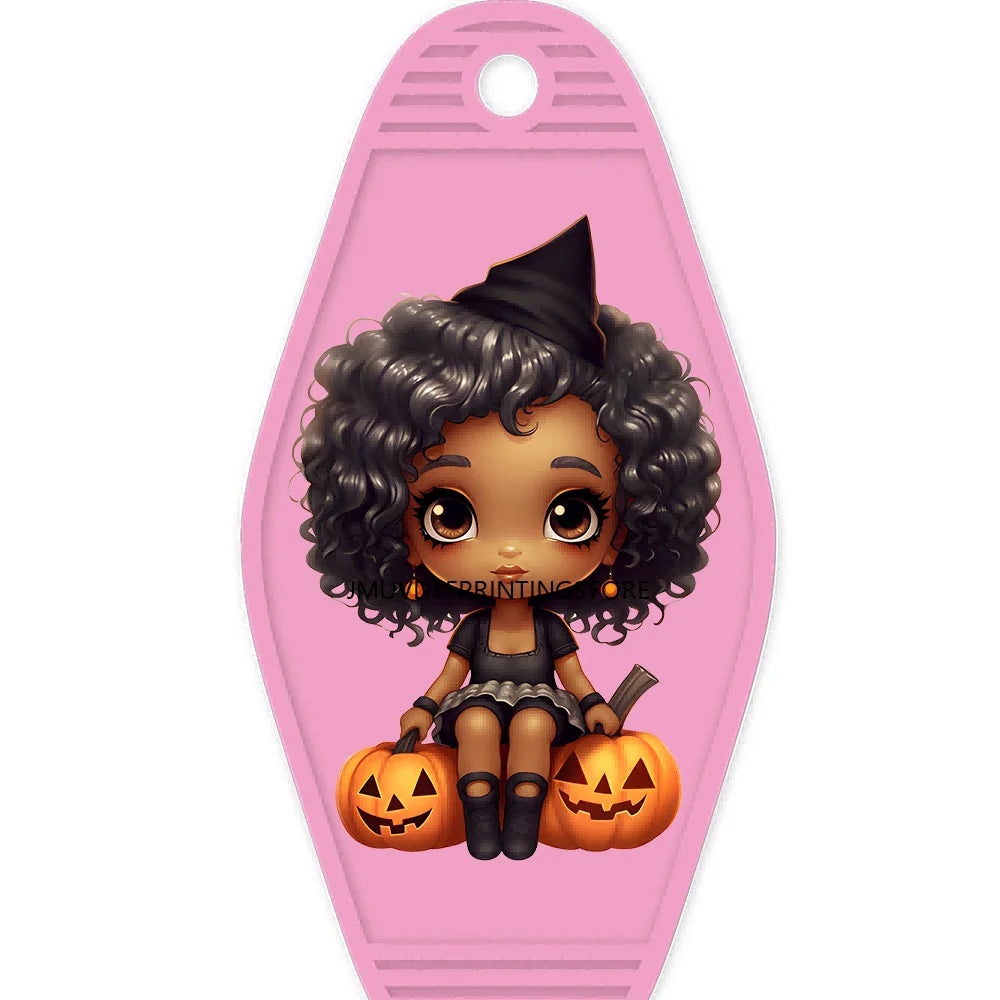 Halloween Pumpkin Cute Afro Girls High Quality WaterProof UV DTF Sticker For Motel Hotel Keychain Festival Gifts