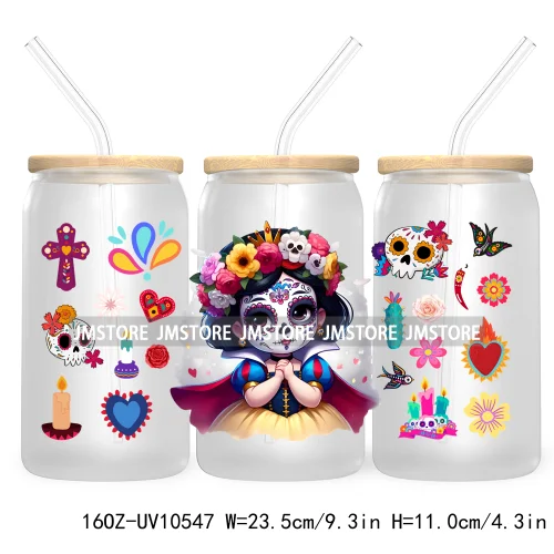 Dia De Los Muertos Mexican UV DTF Sticker For 16OZ Libbey Glass Cup Can Wrap Transfer Stickers Hispanic Halloween Sugar Skulls