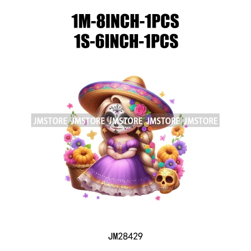 Colorful Day Of The Dead Catrina Princess Baby Girl Sombrero Hat Mexico Conchas Iron On DTF Heat Transfers Stickers For Clothing