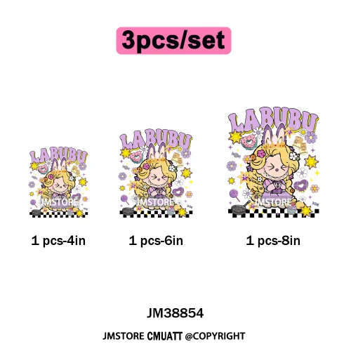 Cartoon Princess Girly Flowers Checkered Doll Characters Iron on DTF Washable Heat Transfer Stickers Ready to Press for Clothing