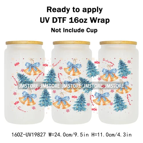 Coquette Christmas Tress Jingle Bells UV DTF Transfer Sticker Cup Tumbler Wrap DIY Labels For 16OZ Libbey Glass Bottle Mug Wraps