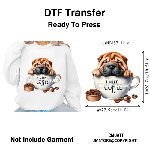 Funny Cartoon Pet Puppy Small Sleeping Cozy Coffee Dogs Lover Iron on DTF Washable Transfers Sticker Ready to Press for Clothing
