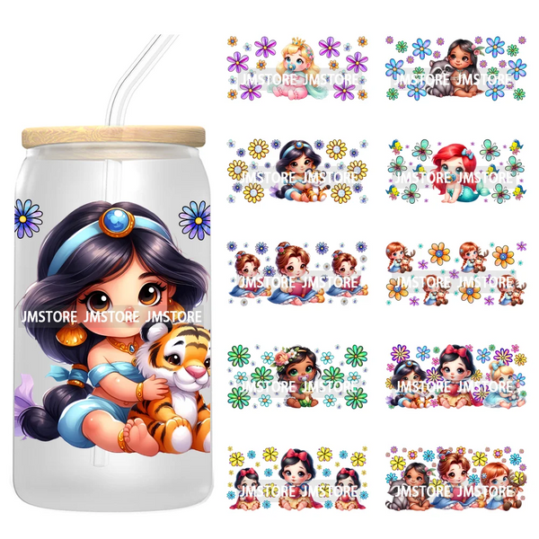 Cartoon Baby Princess Floral Flowers UV DTF Wraps Transfer Stickers Ready To Apply Waterproof For 16OZ Libbey Glass Can Tumblers