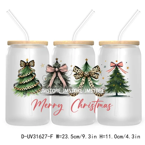 Tis The Season Christmas Tree Santa Coquette Cow 16OZ UV Cup Wrap DTF Transfer Sticker For Libbey Glass Can Cup Tumbler New Year