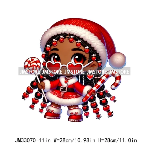 Chibi Candy Santa Girl African American Characters Merry Christmas Gift Iron On DTF Transfer Stickers Ready To Press For Clothes