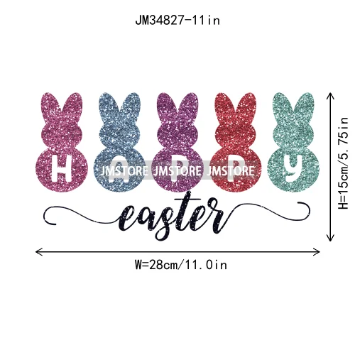 Colorful Faux Sequin Glitter Happy Easter Bunny University Letters Iron On DTF Transfers Stickers Ready To Press For Hoodies