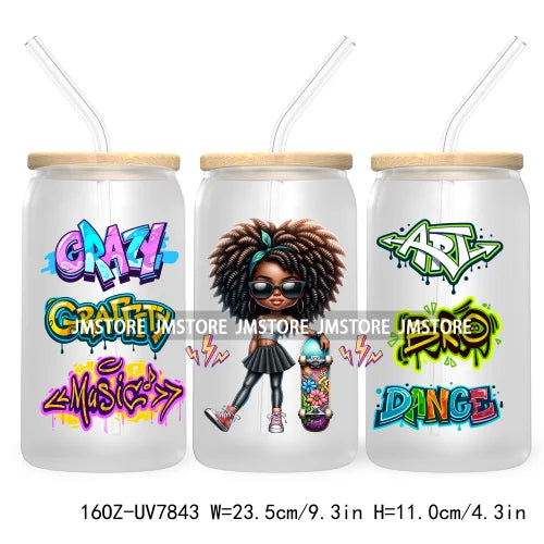 Cute Black Afro Girls 16OZ UV DTF Cup Wrap Transfer Stickers For Libbey Glass Can Cups Tumbler Waterproof Labels Christian Cross