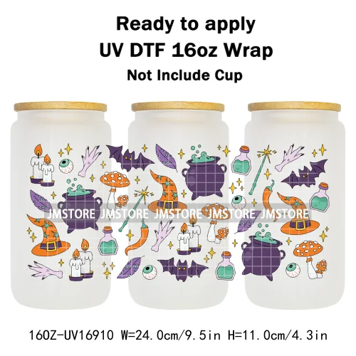 Spooky Season Halloween Pumpkin Ghost Witch Dogs UV DTF Wraps Transfer Sticker Selfadhesive Waterproof For 16OZ Libbey Glass Can