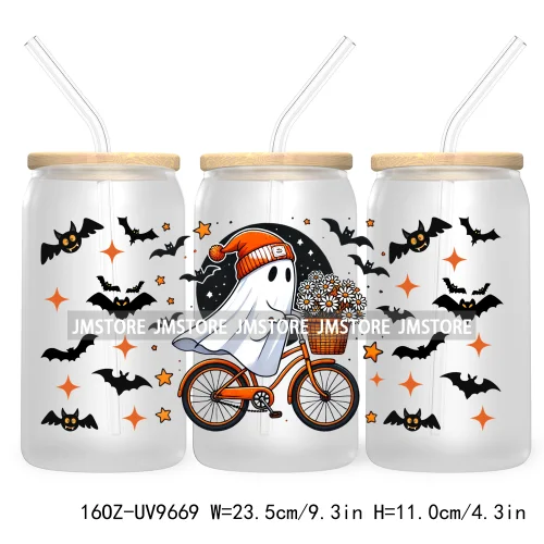 Spooky Ghost Fall Halloween Pumpkin Season UV DTF Sticker For 16OZ Libbey Glass Cup Can Autumn Leaves Wrap Transfer Stickers